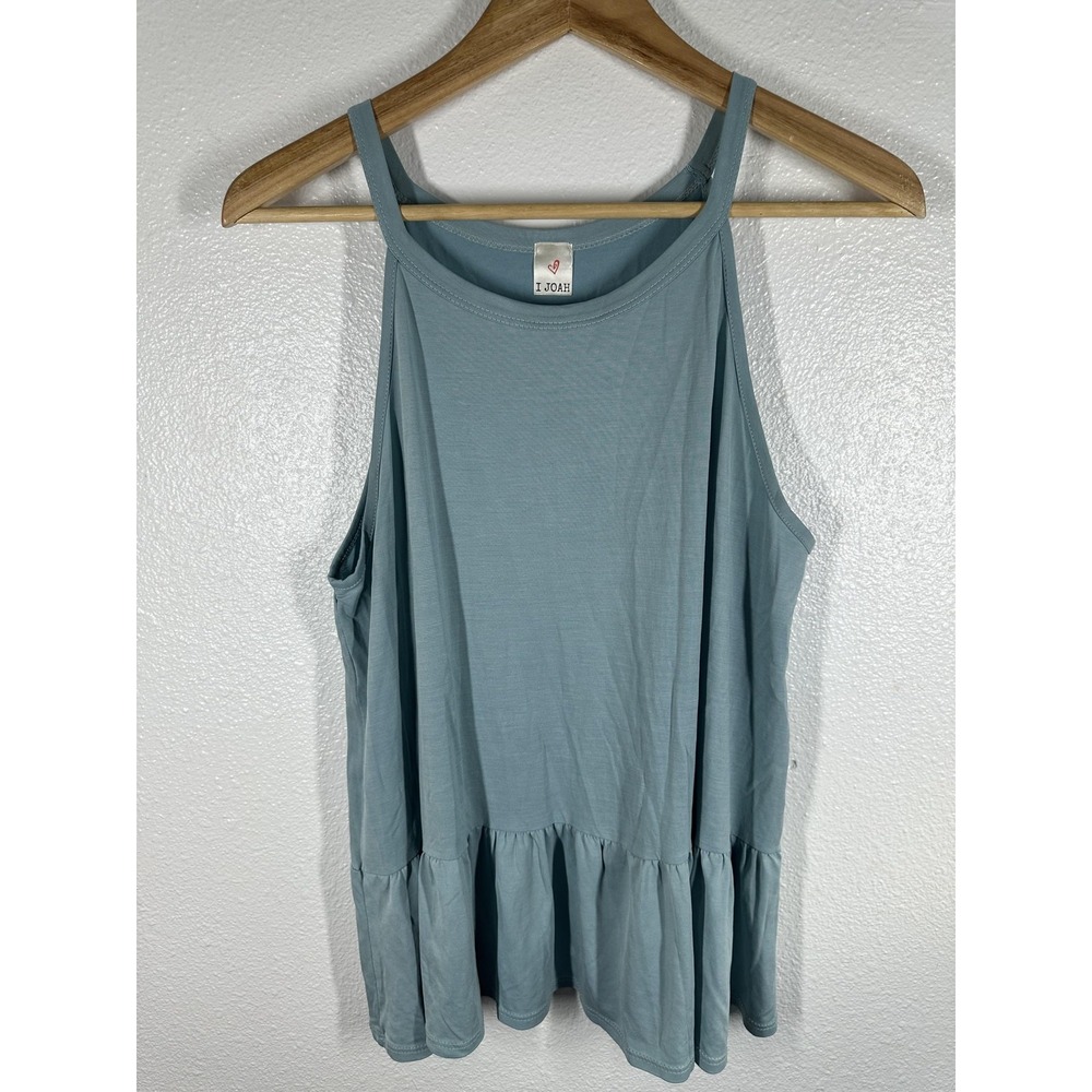 I JOAH Tank Top Womens Large Blue Ruffle Hemโ Tunic Sleeveless Peplum Made USA